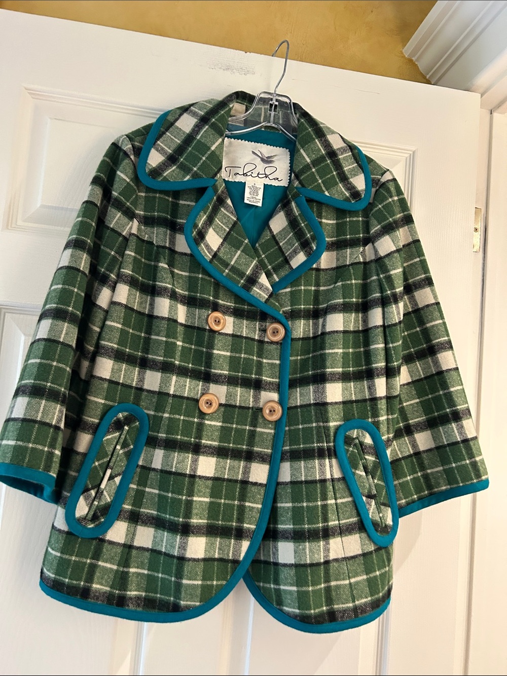 Tabitha Green and White Plaid Peacoat with Teal Trim